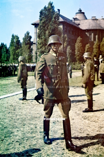 Unknown Hungarian army Lieutenant Colonel inspecting Hungarian troops near Budapest Hungary 1942