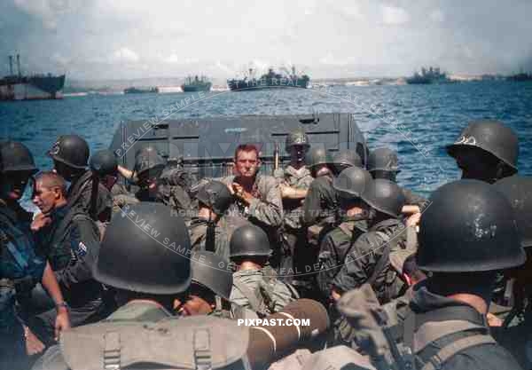 US Landing Craft filled with American soldiers during Okinawa Invasion April 1st, 1945. Battle of Okinawa