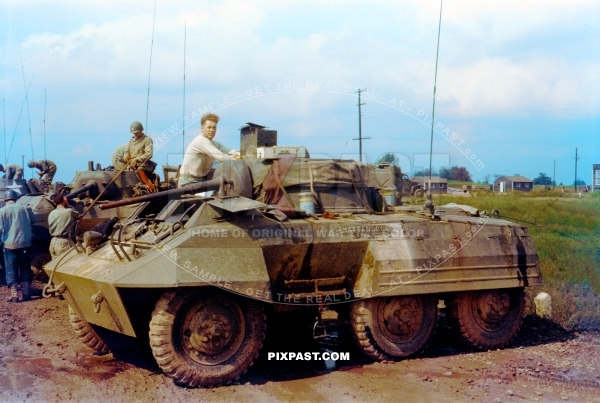 US M8 Greyhound Armoured Car Chattanooga prepare outside Bad Tolz 1945. 101st Cavalry Regiment