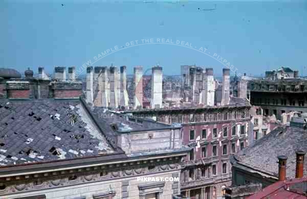 Vienna Austria (Wien) 1945 City roof top destruction, bomb damage, ruins, flak bunker tower.