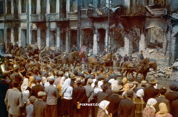 Wehrmacht army vehicle convoy drive through bombed destroyed Smolensk Russia 1941, Parade, Civilians