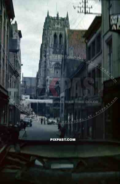 wehrmacht cars drive through Tongern, Belgium 1940, 4th Panzer Division.