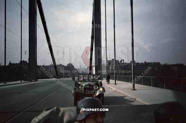 Wehrmacht convoy over the Reichsbrucke in Vienna, Austria ~1938