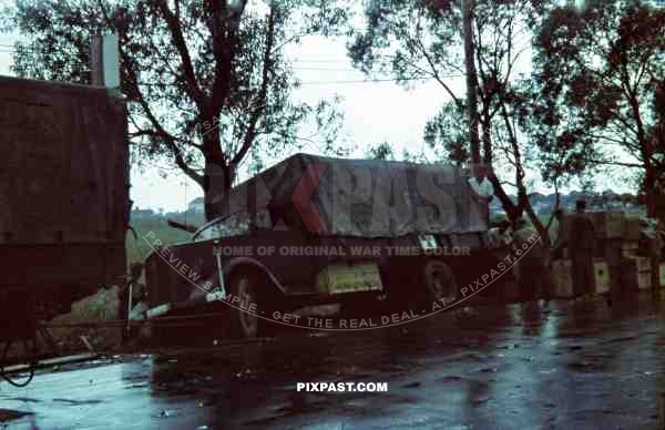 Wehrmacht red cross medical supply unit crash rescue truck lorry towed wet road poland 1940