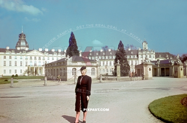 Well dressed German women standing in front of the entrance to Schloss Palace Karlsruhe Germany 1939