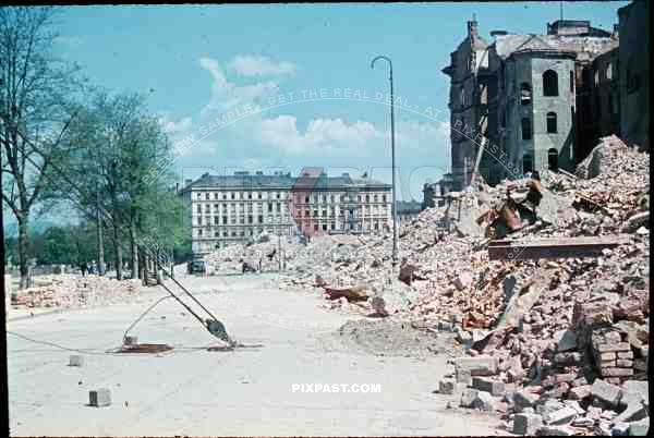 WW2 color Austria Vienna Wien Russian attack bombed 1945 rooftop citiy destroyed rubble ruins red flag