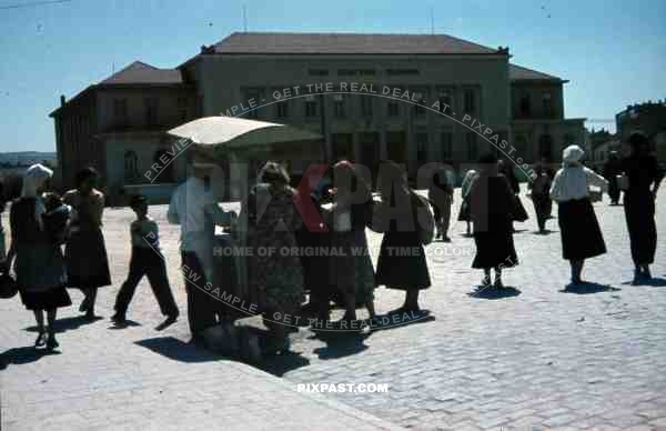 WW2 Color Belgrade Serbia 1941 Ice Cream market City Hall building Peasants Civilians