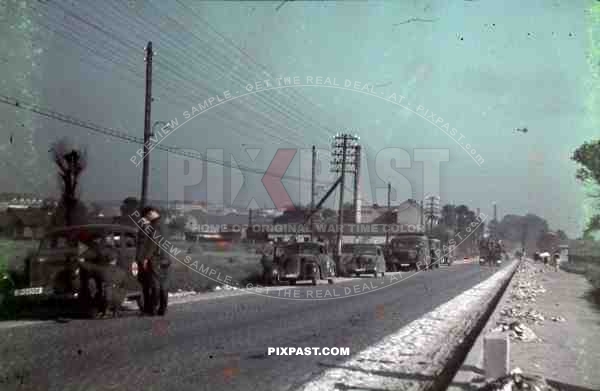 WW2 Color German army red cross medical truck car convoy road Ukraine summer 1941 officers