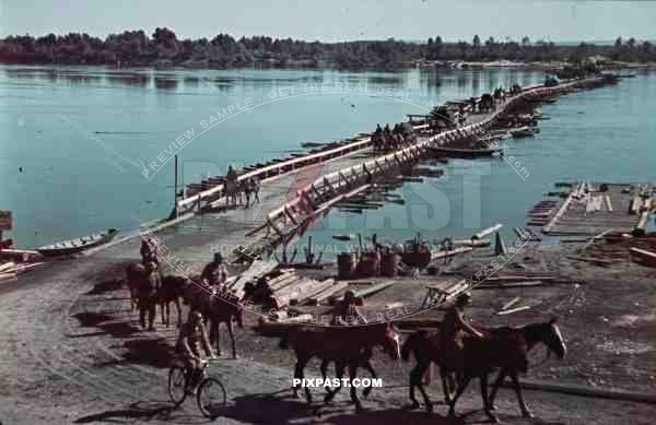 WW2 Color German Cavalry troops cross wooden Pioneer war bridge Krakov 1941 Ukraine