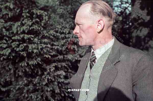 WW2 Color German dad portrait suite Bremerhaven Germany 1939 summer garden