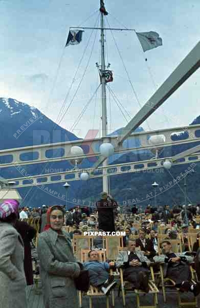 WW2 Color German KDF Ship Robert Ley on deck flags sun chairs Norwegian Fjord tourists holiday 1939