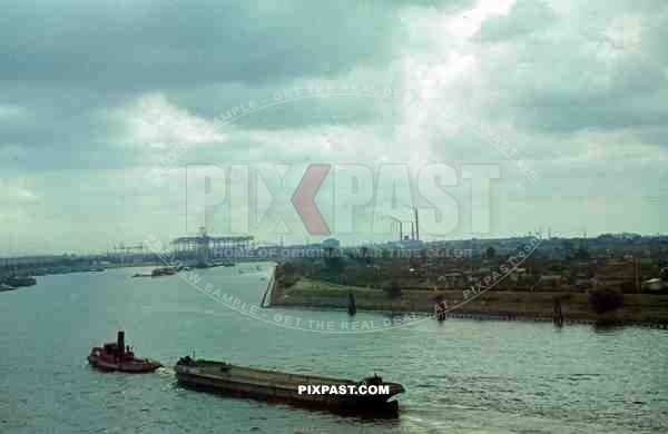 WW2 Color Hamburg Harbour Germany 1940 Tug Boat Transporter Cranes ship building yard coal 