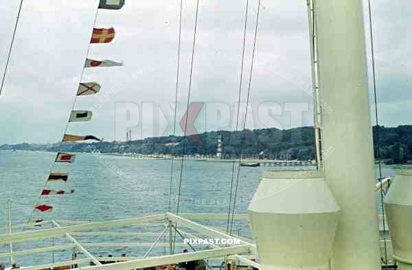 WW2 Color Hamburg Harbour KDF Ship Robert Ley flags on board