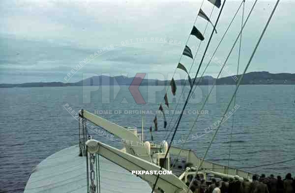 WW2 Color KDF Ship DER DEUTSCHE sailing Norwegian Fjord 1939 tourists holiday Norway