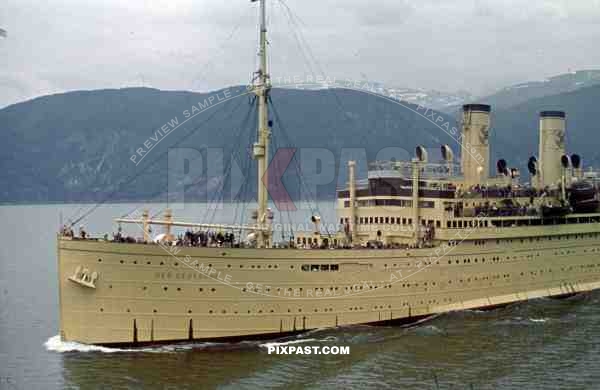 WW2 Color KDF Ship DER DEUTSCHE sailing Norwegian Fjord 1939 tourists holiday Norway