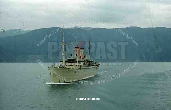 WW2 Color KDF Ship DER DEUTSCHE sailing Norwegian Fjord 1939 tourists holiday Norway