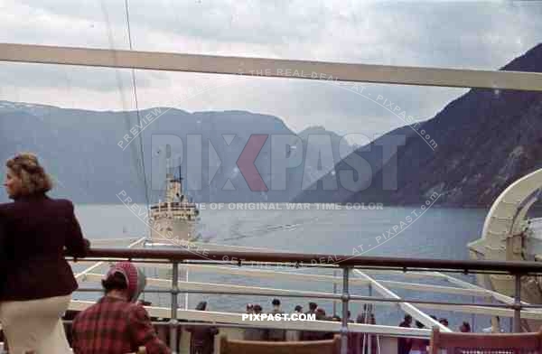 WW2 Color KDF Ship DER DEUTSCHE sailing Norwegian Fjord 1939 tourists holiday Norway