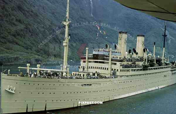 WW2 Color KDF Ship DER DEUTSCHE sailing Norwegian Fjord 1939 tourists holiday Norway