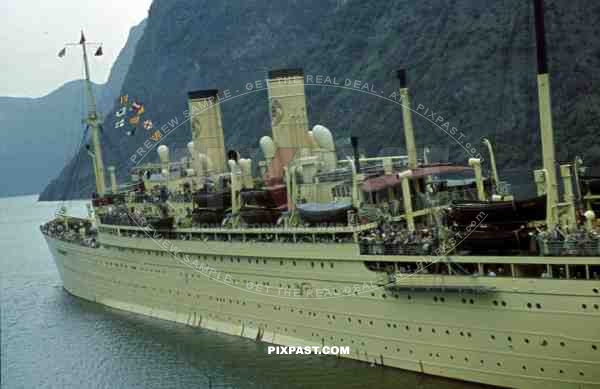 WW2 Color KDF Ship DER DEUTSCHE sailing Norwegian Fjord 1939 tourists holiday Norway