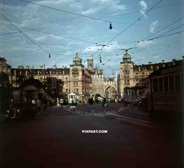 WW2 color Munich Germany 1940 trams strassenbahn main shop street old cars police