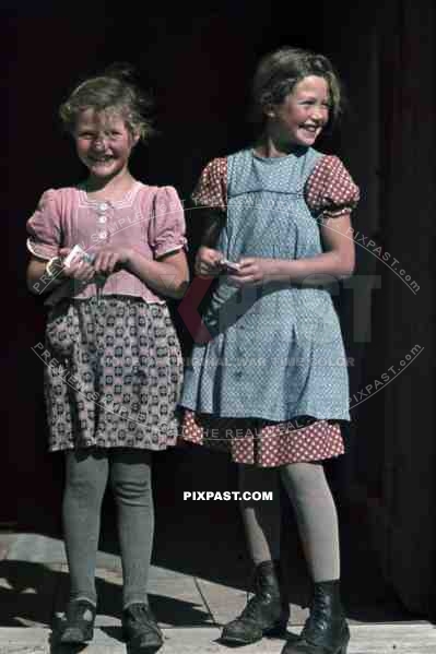 WW2 color Stuttgart Ulm 1939 Germany children costume playing sweetings stockings happy