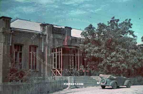 WW2 Color Ukraine 1942 Wehrmacht staff car parked outside Military officers quarters summer