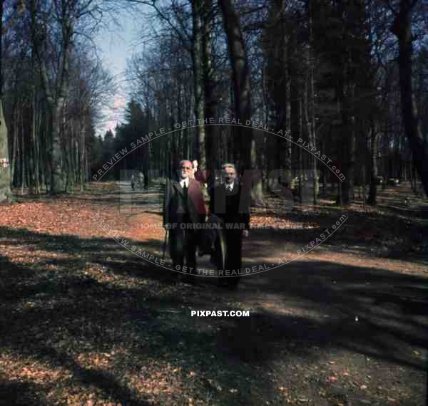 WW2 color Vienna Wien Austria two old grandads walking in park1937