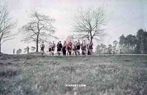 WW2 Colour German Hitler Youth troops trainning marching outside Lubeck Germany 1943