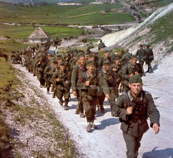 Young German soldiers marching into Russia 1941.  57th Infanterie Division.  Grenadier Regiment 199 List