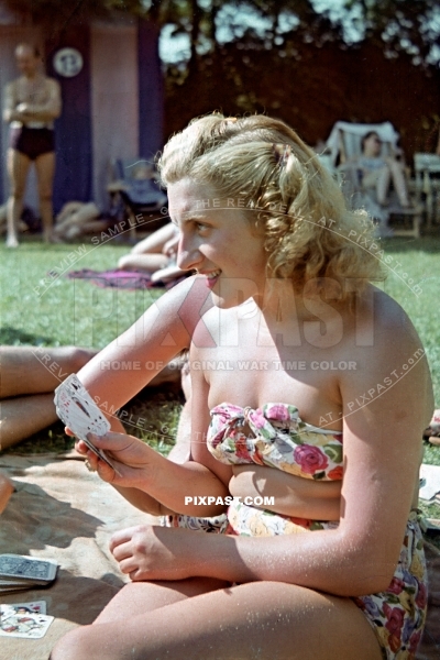 Young Hungarian blond women in Bikini playing poker in park in Budapest Hungary 1939